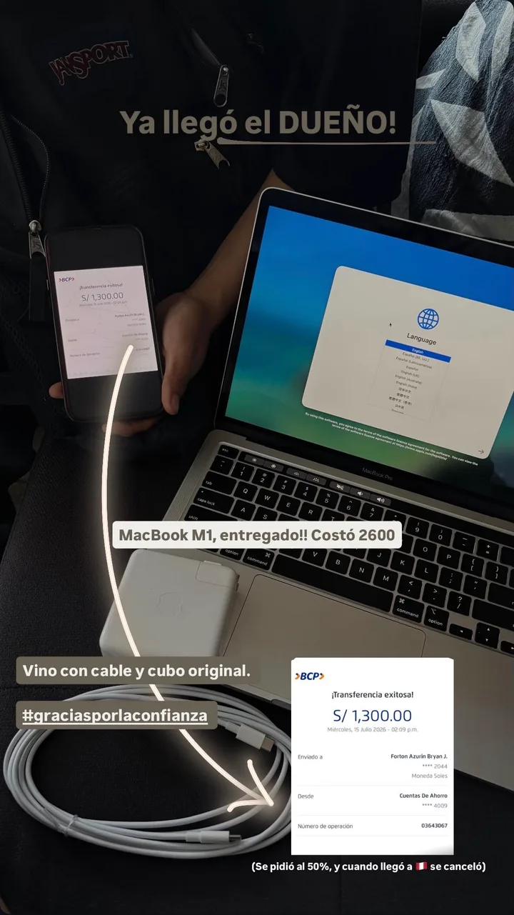 MacBook M1 entregado con cable y cubo original